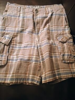 Mens Plaid Cargo Shorts - Blue & Brown Size 32